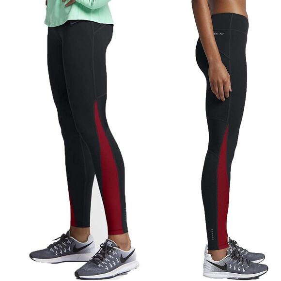 Nike Black Red Pants Womens Power Dri Fit Running Tights Run Leggings Medium M - Picture 1 of 10
